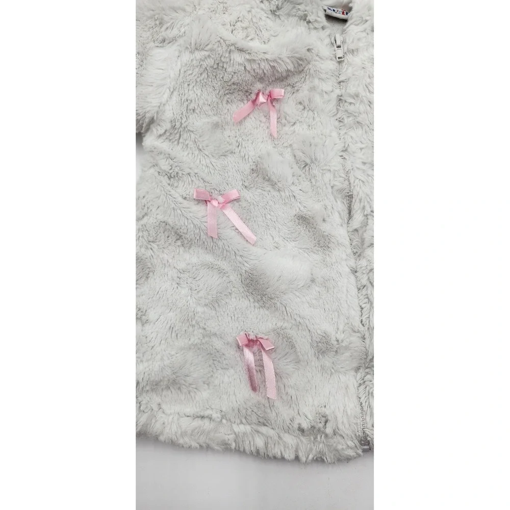 BT Kids Baby Togs Girls Gray Faux Fur Hooded Jacket Coat with Pink Bows Size 24M